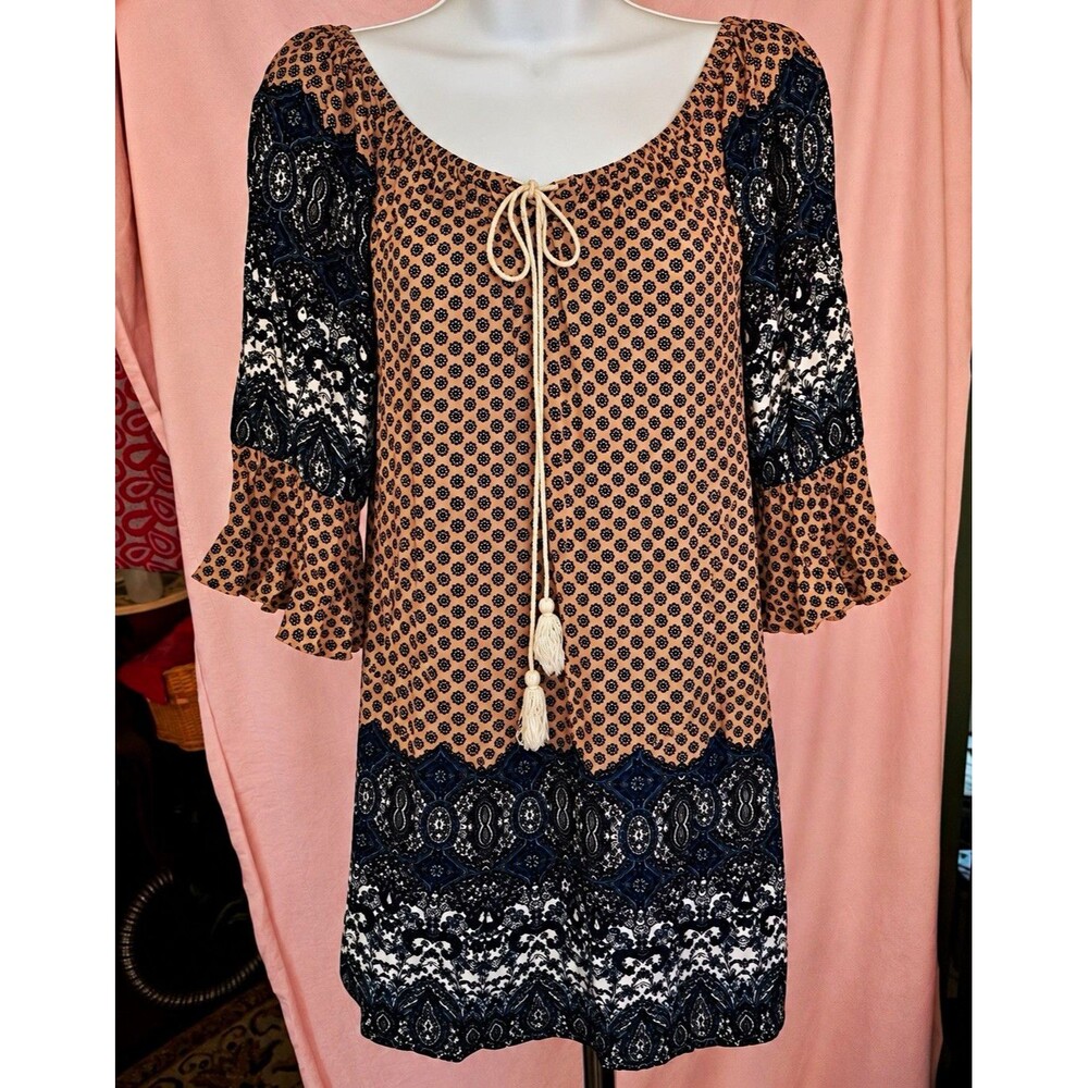 Umgee USA Size S Boho Paisley Floral Bell Sleeve Tunic Top Brown Navy
